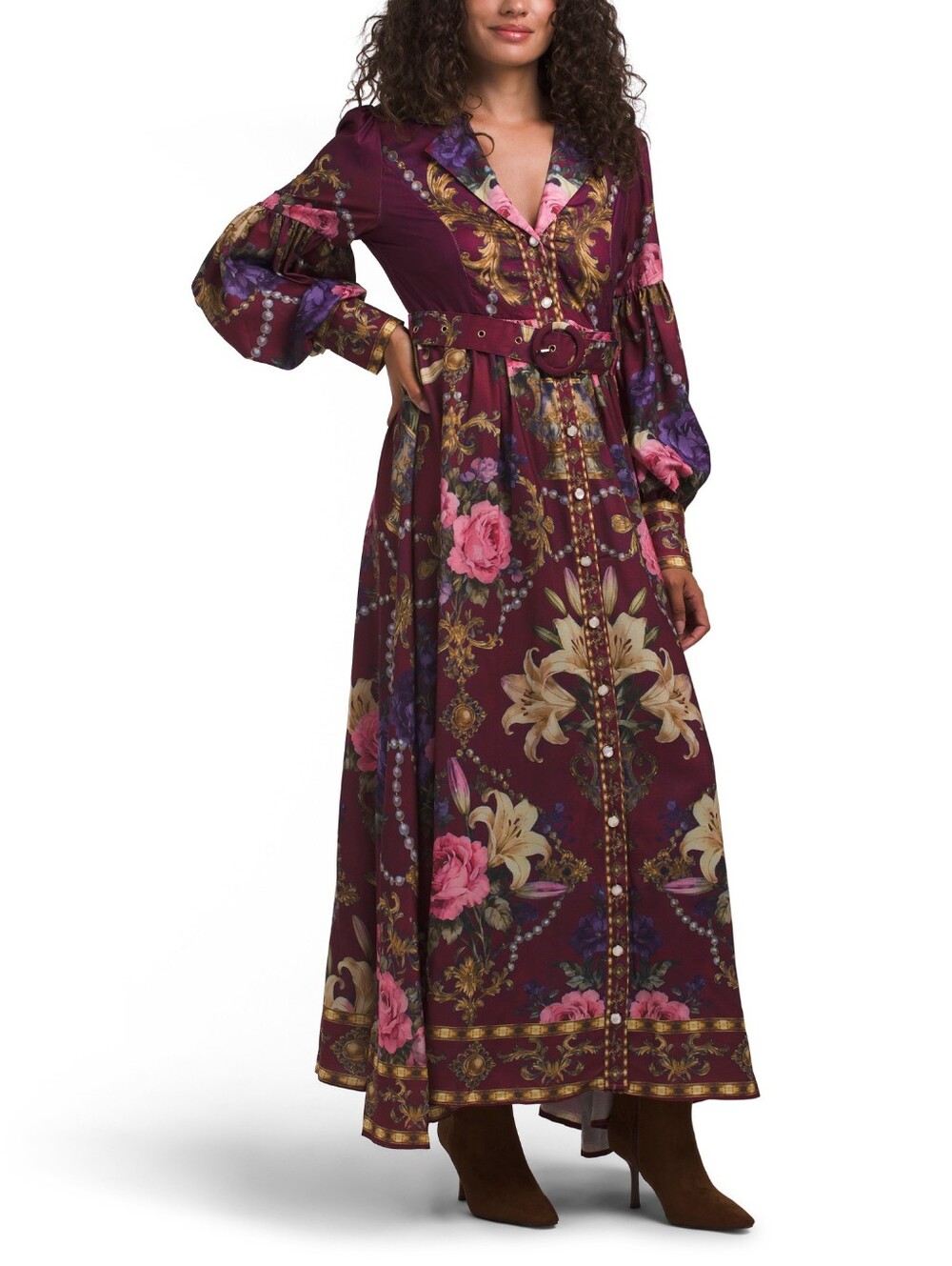 Dalia Macphee Floral Print Belted Maxi Dress in Burgundy NWT